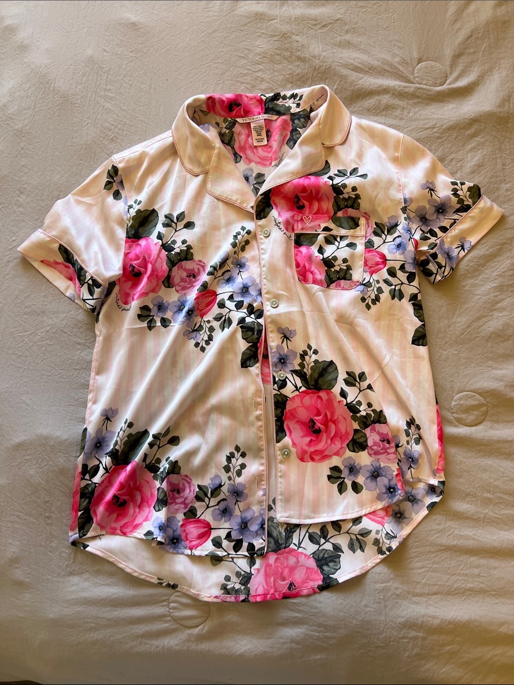 Victoria's Secret Pink Floral Satin Short Sleeve Pajama Top